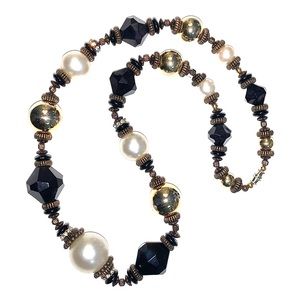 Black n’ Gold Beaded Necklace & Rhinestone Accents